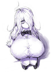 2b213 bowtie clothed eye_bags female hair_over_one_eye huge_breasts looking_at_viewer mei_(2b213) monochrome solo tagme