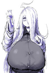 2b213 huge_breasts japanese_text lab_coat large_breasts mei_(2b213) tagme text white_background white_hair