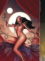 1girls a_princess_of_mars anklet armlet barefoot barsoom black_hair bracelet dejah_thoris fit_female gold_pasties holding_sword john_carter_of_mars loincloth long_hair looking_at_viewer martian medium_breasts official_art pasties paul_renaud royalty shoulder_armor sword