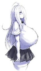 2b213 clothed eye_bags female hair_over_one_eye huge_breasts mei_(2b213) monochrome solo tagme