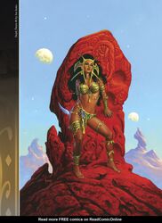 1girls a_princess_of_mars anklet barefoot barsoom bikini_top black_hair cleavage dejah_thoris headdress joe_jusko john_carter_of_mars large_breasts loincloth long_hair mars martian official_art royalty