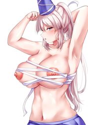 1girls areolae armpits big_breasts blush breasts cleavage fit_female light-skinned_female light_skin long_hair looking_at_viewer mononobe_no_futo nipples party_hat skirt solo tagme topless topless_female touhou upper_body white_hair