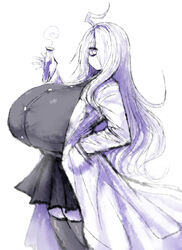 2b213 huge_breasts lab_coat large_breasts long_hair looking_at_viewer mei_(2b213) skirt tagme white_background white_hair