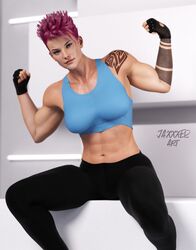 3d abs blizzard_entertainment female fingerless_gloves flexing green_eyes jaxxxer looking_at_viewer muscle muscular muscular_female overwatch scar short_hair smile solo solo_female sports_bra tattoo yoga_pants zarya