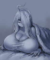 2b213 blanket cleavage gigantic_breasts huge_breasts in_bed long_hair mei_(2b213) one_eye_covered tagme under_covers undershirt white_hair white_undershirt