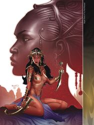 1girls a_princess_of_mars anklet armlet barefoot barsoom black_hair blue_eyes bracelet dejah_thoris fit_female gold_pasties holding_weapon john_carter_of_mars kneeling large_breasts loincloth long_hair martian official_art pasties paul_renaud royalty shoulder_armor