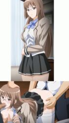 1girls 3boys animated black_hair censored doggy_style fellatio from_behind glasses group_sex long_hair oral stockings sucking teacher uniform very_long_hair wana_-hakudaku_mamire_no_houkago- white_stockings yellow_hair