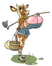 10s 1girls 2010s 2016 annabelle_cow anthro bell_collar big_breasts blonde_hair bovine breasts_bigger_than_head bucket caractacus-seagoon_(artist) cleavage cow_bell cow_bell_collar cow_girl cowbell curvy_female facing_viewer farmer farmgirl female_only full_body gloves grass hoe hoe_(tool) huge_breasts kmorrisoncartoon_(artist) legs_together looking_at_viewer naked_overalls overall_shorts overalls simple_background socks solo standing top_heavy transparent_background wooden_bucket