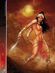 1girls a_princess_of_mars barsoom bracelet dejah_thoris fabiano_neves fit_female gold_pasties green_eyes hair_ornament holding_weapon john_carter_of_mars large_breasts legwear loincloth martian official_art royalty warrior