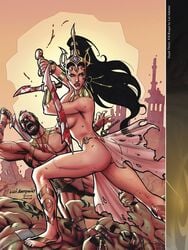 a_princess_of_mars action_pose ass barsoom black_hair blood brown_eyes bubble_butt dead dejah_thoris fighting headdress holding_sword holding_weapon john_carter_of_mars kneeling large_breasts loincloth long_hair lui_antonio martian official_art ponytail royalty sandals slashing sword vinicius_andrade