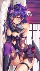 big_breasts breasts demon_girl demon_horns demon_tail honkai_impact honkai_impact_3rd horns nipples purple_eyes purple_hair raiden_mei succubus thick_thighs thighhighs thighs tight_clothing wet zombie-andy