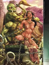 1girls 4_arms a_princess_of_mars axe barsoom big_dom_small_sub black_hair blue_eyes bondage bound_wrists captured chained chains defeated dejah_thoris enslaved_royal fit_female green_martian hair_ornament holding_weapon hourglass_figure ivan_nunes jay_anacleto john_carter_of_mars large_breasts larger_male loincloth long_hair martian multi_arm multi_limb official_art royalty shackles size_difference slave smaller_female sword voluptuous wrist_cuffs