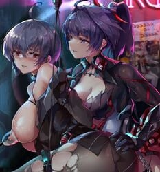 2girls ass beauty_mark big_breasts blue_eyes blue_hair breasts gray_hair honkai_impact honkai_impact_3rd lactation milk milking purple_eyes purple_hair raiden_mei raven_(honkai_impact) red_eyes tagme thick_thighs thighs tight_clothing yuri zombie-andy