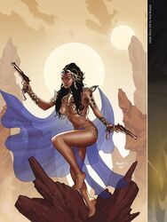 1boy 1girls a_princess_of_mars alien armlet barefoot barsoom black_hair bracelet cape dejah_thoris fit_female gold_pasties gray_eyes gritted_teeth gun headdress holding_gun holding_weapon jewelry john_carter_of_mars loincloth long_hair martian official_art pasties paul_renaud rings royalty shoulder_armor spear thick_thighs