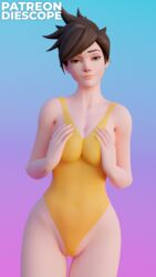 3d 3d_(artwork) belly_button big_breasts blizzard_entertainment bodysuit brown_eyes brown_hair cameltoe cleavage diescope hand_on_breast hi_res hips hourglass_figure looking_at_viewer one_piece_swimsuit overwatch pussy_lips short_hair squeezing_breast swimsuit thick_thighs tight_clothing tracer yellow_swimsuit