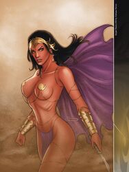 1girls a_princess_of_mars armlet barsoom belly_chain black_hair bracelet brown_eyes cape dejah_thoris fabiano_neves fit_female gold_pasties headdress holding_knife hourglass_figure jewelry john_carter_of_mars knife large_breasts loincloth long_hair martian official_art pasties rings royalty shoulder_armor thick_thighs voluptuous