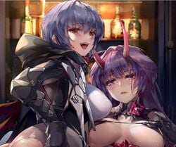 2girls beauty_mark big_breasts bra breasts gray_hair honkai_impact honkai_impact_3rd horns mole multiple_girls nipple_bulge nipples purple_eyes purple_hair raiden_mei raiden_mei_(herrscher_of_thunder) raven_(honkai_impact) red_eyes skimpy skimpy_clothes tagme tongue_out yuri zombie-andy