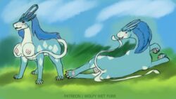 16:9 anus breasts busty_feral female feral furry genitals grass hi_res legendary_pokemon lying mane nintendo nipples on_side outside plant pokémon_(species) pokemon pokemon_(species) pussy quadruped ribbons suicune video_games widescreen wolfywetfurr_(artist)