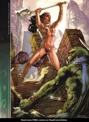 1girls a_princess_of_mars alien anklet axe barsoom black_hair dejah_thoris fit_female gold_chain green_martian green_skin hair_ornament holding_axe hourglass_figure ivan_nunes jay_anacleto john_carter_of_mars jumping large_breasts long_hair martian monster official_art royalty voluptuous