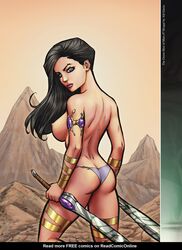 1girls a_princess_of_mars ale_garza armlet ass barsoom bikini_bottom black_hair bracelet bubble_butt dejah_thoris dual_wielding fit_female holding_sword holding_weapon hourglass_figure john_carter_of_mars large_breasts long_hair looking_at_viewer looking_back martian official_art royalty sword voluptuous