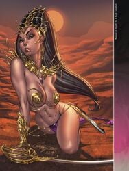 1girls a_princess_of_mars barsoom bikini_bottom black_hair dejah_thoris fit_female gold_pasties gun headdress holding_gun holding_sword holding_weapon hourglass_figure j_scott_campbell john_carter_of_mars large_breasts leaning_forward loincloth long_hair looking_at_viewer martian nei_ruffino pasties royalty shoulder_armor silver_eyes sword voluptuous