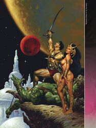 1boy 1boy1girl 1girls a_princess_of_mars anklet armlet barsoom bikini_bottom black_hair bracelet briefs bulge chest_hair dejah_thoris gold_pasties headdress holding_sword holding_weapon joe_jusko john_carter_of_mars kneeling large_breasts leglet lizard loincloth long_hair martian official_art pasties practically_nude red_briefs royalty sandals sword voluptuous