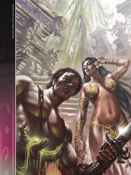 1boy 1boy1girl 1girls a_princess_of_mars armlet armpits barsoom black_hair bracelet brown_hair canon_couple dejah_thoris flower_in_hair gold_pasties green_eyes high_heels joe_jusko john_carter john_carter_of_mars large_breasts loincloth long_hair looking_at_viewer lucio_parrillo martian official_art pasties royalty ruins short_hair voluptuous