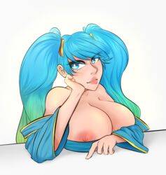 big_breasts blue_eyes blue_hair blush cleavage clothed clothing female highres human large_breasts league_of_legends league_of_legends:_wild_rift looking_at_viewer mostly_clothed multicolored_hair nipple_slip nipples simple_background sona_buvelle sunk118 twintails