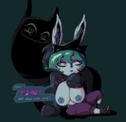 big_breasts bunny_ears bunny_girl green_hair grey_skin hi_res highres hoodie league_of_legends pink_eyes plain_background riot_games shadow shirt_lift shirt_up short_hair shortstack theeshrimp twitter_username vex_(league_of_legends) video_games yordle