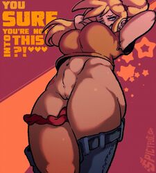 1girls ass big_breasts blonde_hair borrowed_character busty curvy dialogue female lanator original_character spicyfuse text thick_thighs