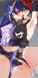 2021 2girls armpits arms_up black_elbow_gloves black_gloves black_hair black_long_gloves blush bodysuit breast_grab breasts clothed_female drooling elbow_gloves female female_focus female_only female_orgasm fingering genshin_impact gloves groping_breasts huge_breasts jtveemo kissing kujou_sara lesbian_kiss long_gloves long_hair mask mask_on_head multiple_girls no_text_version purple_eyes purple_hair pussy pussy_juice raiden_shogun short_hair speech_bubble squirting textless thick_thighs thighs tongue tongue_kiss tongue_out trembling uncensored vagina very_long_hair wet_pussy yellow_eyes yuri