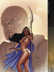 1boy 1girls a_princess_of_mars alien armlet barsoom black_hair bracelet cape dejah_thoris gold_pasties gray_eyes gun headdress holding_gun holding_weapon jewelry john_carter_of_mars long_hair martian official_art pasties paul_renaud rings royalty shoulder_armor sitting spear thick_thighs