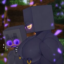 abs anthro aurus_(endertwinks) big_pecs blush deuzion enderman endertwinks gay heterochromia lykan_(endertwinks) lykansden male_only minecraft muscles muscular muscular_male nipple_piercing nipples pecs piercing purple_eyes video_games