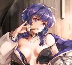 1girls big_breasts blue_eyes bra breasts honkai_impact honkai_impact_3rd lingerie lipstick purple_eyes purple_hair raiden_mei zombie-andy