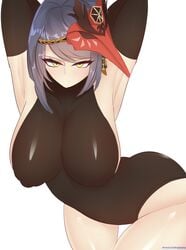 1girls armpits arms_up big_breasts black_bodysuit black_elbow_gloves black_gloves black_long_gloves blush blushing bodysuit breasts elbow_gloves genshin_impact gloves headwear kujou_sara long_gloves looking_at_viewer nipple_bulge nipples thick_thighs thigh_gap thighs tight_clothing white_background