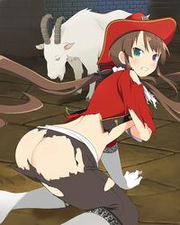 1animal 1girls angry animal ass ass_cleavage barn blush brown_hair butt_crack cowboy_hat feral flat_chest goat heterochromia huge_ass large_ass looking_at_viewer no_bra nopan official_art on_knees posterior_cleavage presenting presenting_hindquarters ryoubi_(senran_kagura) senran_kagura small_breasts teeth thick_thighs thighs tied_hair torn_clothes twintails