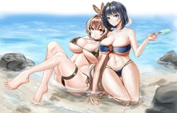 2girls absurdres alternate_breast_size bangs barefoot beach bikini black_bikini black_hair blue_bikini blue_eyes blush breasts brown_eyes brown_hair cleavage feather_hair_ornament feathers feet food hair_intakes hair_ornament head_chain highres holding holding_food hololive hololive_english hololive_english_-council- hololive_english_-promise- ice_cream kneeling large_breasts long_hair looking_at_viewer micro_bikini multiple_girls nanashi_mumei navel o-ring o-ring_bikini ouro_kronii short_hair side-tie_bikini simsim_han-u sitting smile swimsuit toes underboob virtual_youtuber