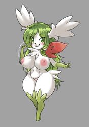 anthro big_breasts blush breasts darksword-wolf eye_clipping_through_hair female genitals gesture green_eyes green_hair hair happy hi_res huge_breasts legendary_pokemon mayo1nomor1 nintendo nipples pokémon_(species) pokemon pokemon_(species) pussy shaymin shortstack signature sky_forme_shaymin smile smirk solo the_lost_artist thick_thighs v_sign video_games wide_hips zacianswords