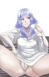 alien alien_girl alternate_costume anus ass blue_hair casual_clothes casual_clothing casual_exposure crystal_hair cup damagefloor elma_(xenoblade_x) exotic_pupils exposed_pussy holding_object loose_shirt no_pants no_underwear okasaretafuroa pale-skinned_female pale_skin pointed_ears pussy spoilers t-shirt two_tone_eyes uncensored uncensored_vagina xenoblade_(series) xenoblade_chronicles_x