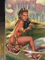 1girls a_princess_of_mars armlet ass barefoot barsoom black_hair blue_eyes bracelet bubble_butt dejah_thoris fit_female gold_pasties hair_jewelry headdress holding_sword holding_weapon ivan_nunes jay_anacleto john_carter_of_mars kneeling large_breasts lizard loincloth long_hair martian official_art pasties pink_skin royalty sword voluptuous