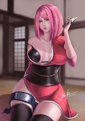1girls 2021 alternate_costume am2nte artist_signature big_breasts bottomless bra breasts cameltoe close-up clothed_female clothing dated detailed_background elbow_pads facial_mark female female_only forehead_mark forehead_protector green_eyes headband holding_object holding_weapon indoors kimono kneeling kunai legwear lipstick long_hair makeup naruto naruto:_the_last naruto_(series) naruto_shippuden no_pants off_shoulder on_knees panties parted_bangs partially_clothed pink_hair pinup pussy sakura_haruno sash seiza short_kimono sitting skindentation solo solo_focus stockings strap_slip teasing text thick_thighs thighhighs underwear voluptuous watermark weapon wide_hips