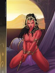 1girls a_princess_of_mars armlet barsoom black_hair bracelet dejah_thoris gun headdress holding_gun holding_weapon john_carter_of_mars jose_malaga kneeling kneeling_on_bed large_breasts loincloth long_hair looking_at_viewer martian official_art pillow pink_skin purple_eyes royalty voluptuous