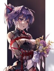 big_breasts blue_eyes blush breasts honkai_impact honkai_impact_3rd purple_eyes purple_hair raiden_mei tight_clothing zombie-andy