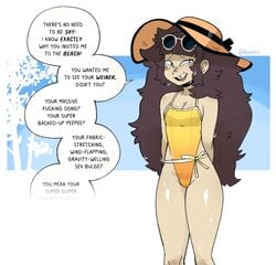 breasts cleavage description dialogue english_text female female_focus female_only gats long_hair medium_breasts meme messy_hair oh_these?_(meme) original original_character solo sunglasses_on_head swimsuit text thick_thighs thighs tottie_(gats)