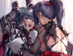 2girls big_breasts breasts gray_hair honkai_impact honkai_impact_3rd making_out multiple_girls nipple_bulge nipples purple_hair raiden_mei raven_(honkai_impact) red_eyes saliva saliva_string saliva_trail tagme yuri zombie-andy