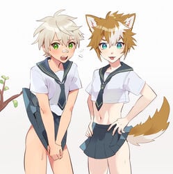 2boys bennett_(genshin_impact) crossdressing dog_tail femboy genshin_impact gorou_(genshin_impact) inumimi itsme_takk lifting_skirt male_only school_uniform schoolgirl schoolgirl_uniform thighs tongue_out