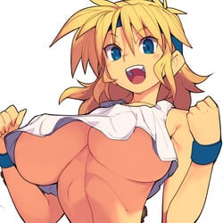 1girls big_breasts blonde_hair blue_eyes breasts huge_breasts looking_at_viewer lune_zoldark metata no_bra open_mouth solo super_robot_wars super_robot_wars_original_generation tagme underboob