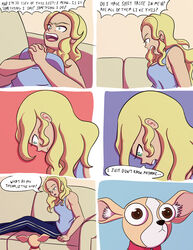 blonde_hair brown_eyes canine comic_page comic_panel ear_tuft green_eyes janet_james noxshade original_character shadow154 text