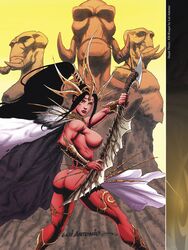 1girls a_princess_of_mars action_pose ass barsoom black_hair brown_eyes bubble_butt cape dejah_thoris green_martian headdress holding_sword holding_weapon john_carter_of_mars kneeling large_breasts loincloth long_hair lui_antonio martian official_art ponytail royalty sandals statue sword