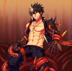 1boy abs buldge bulge bulge_through_clothing elsword lvlv male male_only raven_(elsword) scar shirtless_(male) split_haircolor tentacle tentacle_on_male tentacles_on_male